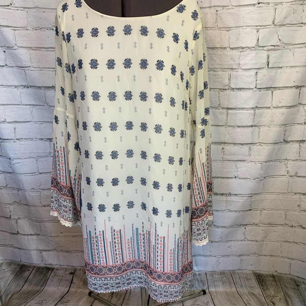 Xhilaration Blue Coral Paisley Dress Crochet Tipped Bell Sleeves Size L
